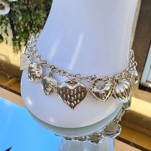 Jacmel Mauritius JCM Sterling Silver 925 Puffy Heart Charm Bracelet 7.5"